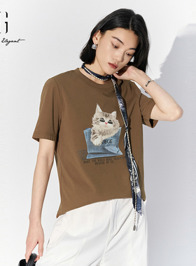 XG雪歌猫咪图案短袖t恤女2025夏装新款圆领宽松上衣XL201544A809