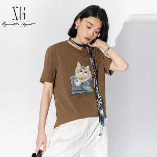 新款 圆领宽松上衣XL201544A809 t恤女2025夏装 XG雪歌猫咪图案短袖