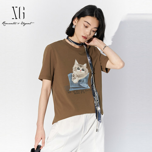 XG雪歌猫咪图案短袖t恤女2025夏装新款圆领宽松上衣XL201544A809