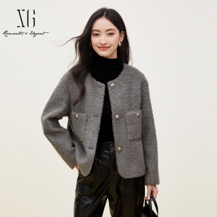 xg雪歌经典 XJ407026A482 小香风宽松百搭圆领毛绒短外套女2024冬款