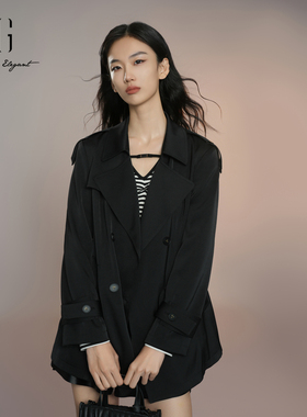 XG雪歌经典版黑色风衣外套女2025秋新款双排扣上衣XK308012A290