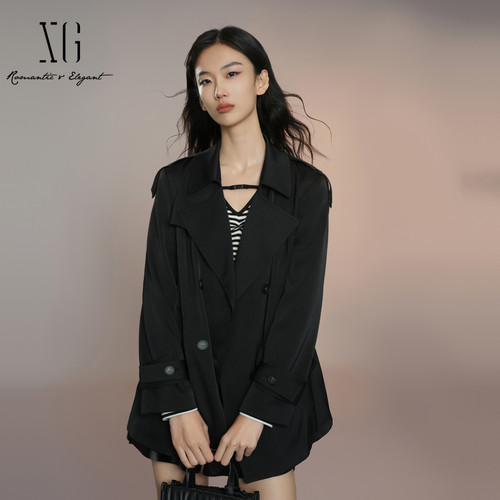 XG雪歌经典版黑色风衣外套女2025秋新款双排扣上衣XK308012A290