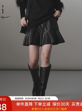 xg雪歌2024冬新款显瘦A版鱼尾拼接极简百搭PU皮裙子XJ403021A290