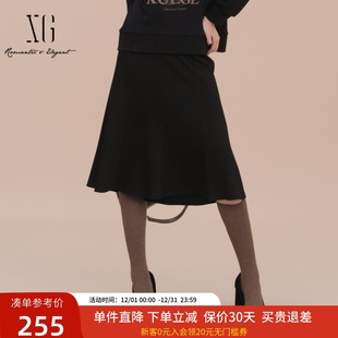 XG雪歌高腰A字休闲半身裙女25春新款 伞裙XK103018A190 黑色中长款