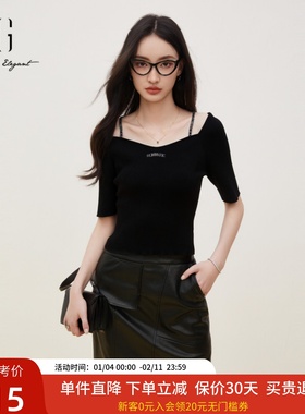 xg雪歌黑色显瘦针织衫女短袖2024秋装新款方领上衣XJ311013A290