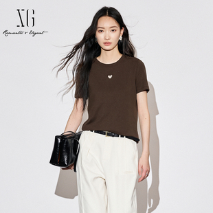 XG雪歌25秋吸睛镂空爱心显瘦正肩休闲百搭短袖 T恤女XL301590A809