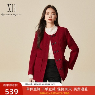 xg雪歌2024冬款 100%绵羊毛显瘦百搭小香风中长外套女XJ407020A213