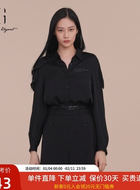 XG雪歌重工桑蚕丝黑色衬衣女2025春新款小众露肩衬衫XK121004A290