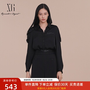 XG雪歌重工桑蚕丝黑色衬衣女2025春新款小众露肩衬衫XK121004A290
