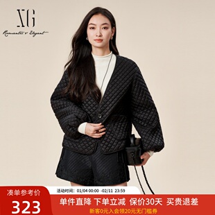 xg雪歌冬百搭慵懒宽松优雅菱格V领短外套女棉服上衣XK405845A890