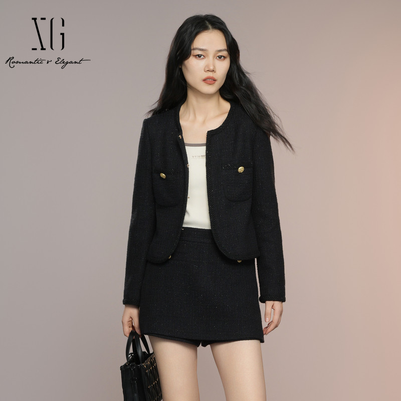 XG雪歌2025秋款简约百搭高智通勤法式小香风短外套女XK307026A390