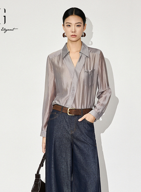 XG雪歌高级感莱赛尔灰色衬衫女25秋小众V领长袖衬衣XK321024A280