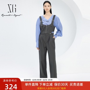 高腰直筒休闲裤 女2024春新款 XJ102024A581 可拆卸背带裤 xg雪歌时尚