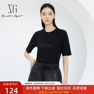 xg雪歌黑色短袖T恤女2024春新款纯棉休闲打底上衣XJ101009A490
