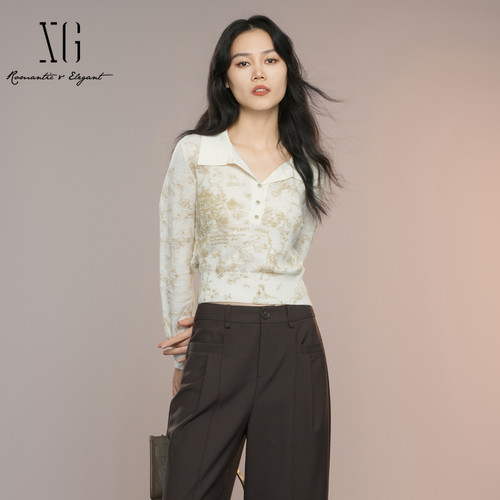 XG雪歌2025秋款文艺提花miu系通勤短款polo针织衫女XK311003B391