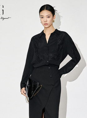 xg雪歌桑蚕丝高级感衬衫2024冬新款气质典雅女衬衣XJ421019A390