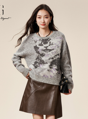 xg雪歌绵羊毛绣花圆领针织衫女2024冬装新款套头毛衣XK411526A884