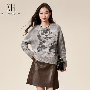 xg雪歌绵羊毛绣花圆领针织衫女2024冬装新款套头毛衣XK411526A884