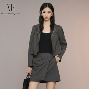 XG雪歌2025秋miu系通勤休闲连帽酷飒假两件短外套女XK307016A490