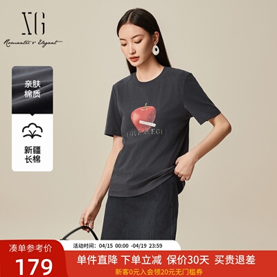 XG雪歌2025春款百搭显瘦正肩直筒苹果印花T恤女短袖XL101510A884