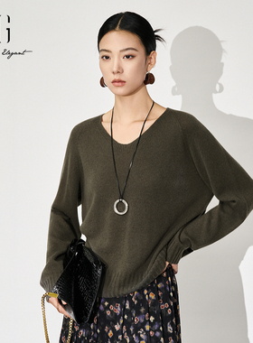 xg雪歌100%绵羊毛显瘦V领宽松简约套头针织衫女24冬XK411811A884