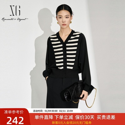 xg雪歌法式V领条纹拼接百搭短款针织开衫女24冬新款XK411802B899