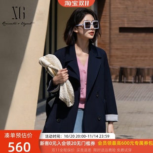 XG雪歌藏青色翻领中长款 通勤简约外套XK108014A328 风衣女25春新款