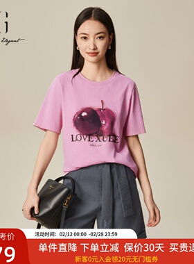 XG雪歌25春款100%棉樱桃印花休闲宽松正肩短袖T恤女XK101008A408