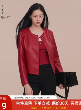 XG雪歌法式短款皮衣女2025春装新款通勤休闲红色外套XK107004A113