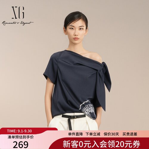 XG雪歌法式优雅单肩短袖衬衫女2025夏款系带露肩衬衣XK221014A628