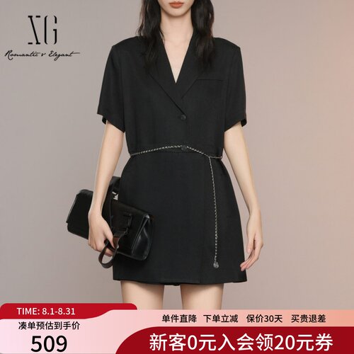XG雪歌醋纤黑色西装连衣裙女2025夏新款气质通勤短裙XK204028A290