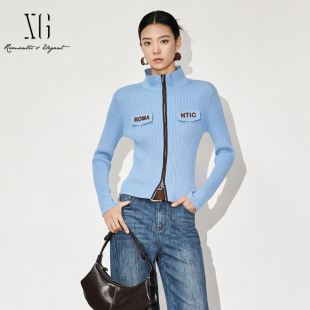 女上衣XL311588A820 显瘦复古翻领撞色针织开衫 XG雪歌2025秋款 修身