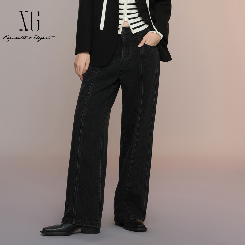 XG雪歌25秋黑色牛仔裤女高腰显瘦直筒宽松垂感阔腿裤XK302009A690