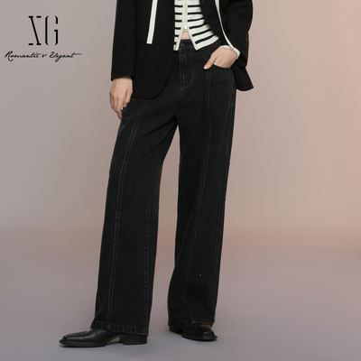 XG雪歌25秋黑色牛仔裤女高腰显瘦直筒宽松垂感阔腿裤XK302009A690