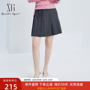 xg雪歌显瘦A字半身裙女2024秋款 灰色通勤百褶裙短裙XJ303002A282