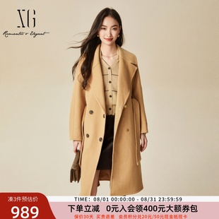 xg雪歌经典 羊毛外套XJ410051A409 中长款 廓形毛呢大衣女2024冬新款