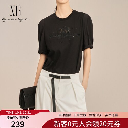 XG雪歌莫代尔棉字母印花T恤女短袖25夏款泡泡袖上衣XK201001A190