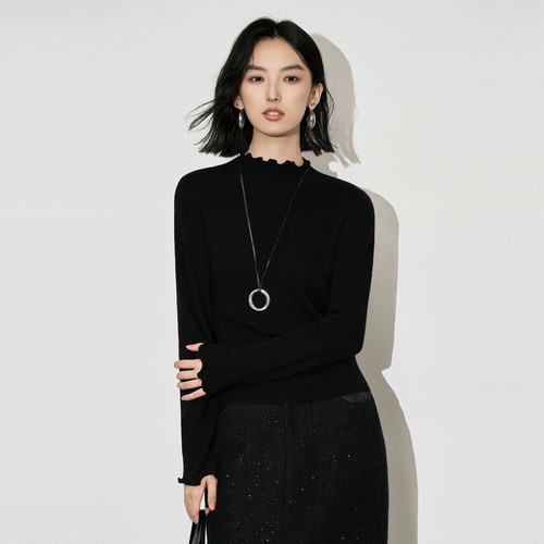 XG雪歌黑色半高领针织衫女25冬款木耳边修身打底上衣XL411647A890