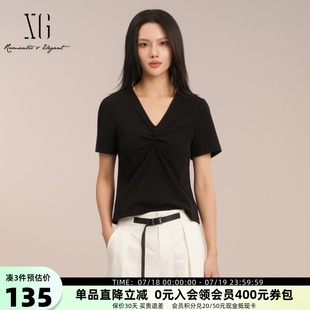 T恤女2025夏新款 XG雪歌甜辣风V领短袖 设计感褶皱上衣XK201032A190