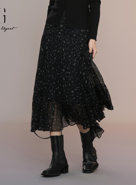 XG雪歌2025秋款显瘦A版轻盈垂坠法式百褶碎花长裙女XK303005B493