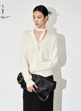XG雪歌2025秋款极简高街腔调通勤显瘦V领针织开衫女XL311815A851