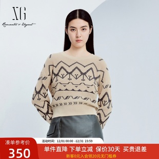 xg雪歌创意字母刺绣圆领针织衫 套头毛衣XJ311027B491 女2024秋新款