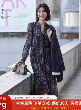 XG雪歌碎花两件套长袖连衣裙女25春新款系带领中长裙XK104019B396