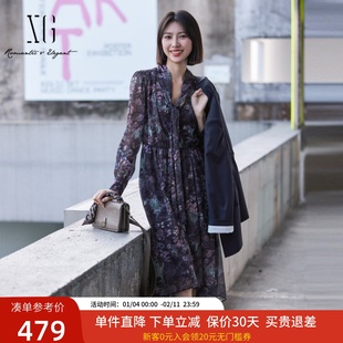 XG雪歌碎花两件套长袖连衣裙女25春新款系带领中长裙XK104019B396