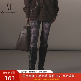 xg雪歌2024冬新款 女XJ402072B396 国风印花高腰显瘦紧身打底小脚裤