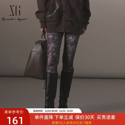 xg雪歌2024冬新款国风印花高腰显瘦紧身打底小脚裤女XJ402072B396
