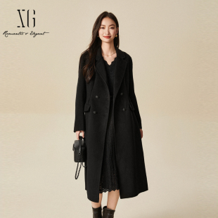 xg雪歌简约优雅掐腰韩版 双面呢大衣女羊毛外套XJ410053A290 中长款