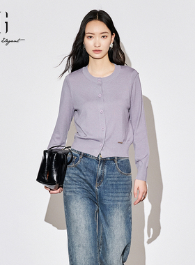 XG雪歌简约气质长袖针织开衫女2025秋装新款圆领小衫XK311033A587