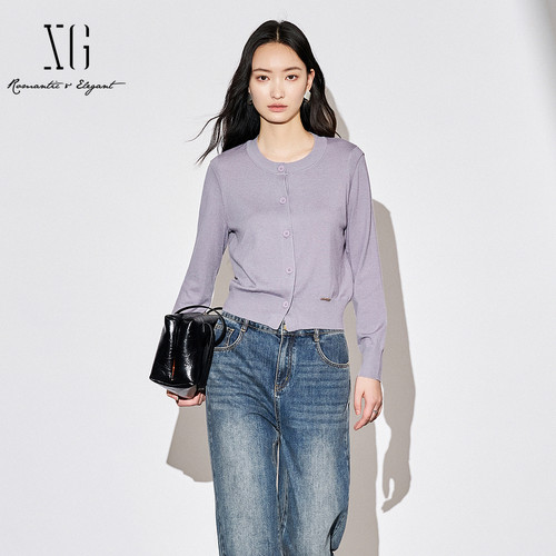 XG雪歌简约气质长袖针织开衫女2025秋装新款圆领小衫XK311033A587