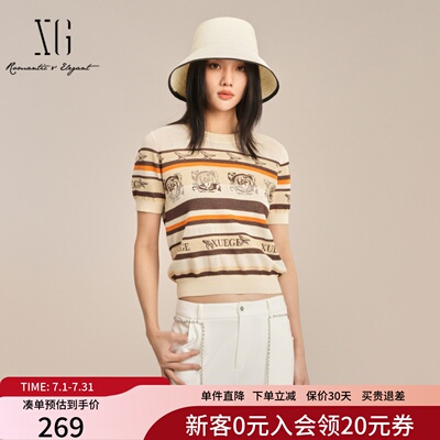 XG雪歌复古条纹短袖针织衫女2025夏个性印花精致上衣XK211009B591